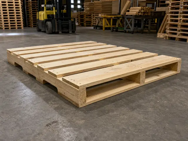 New 48x40-style wood pallet on a plant floor with visible notches along its side stringer