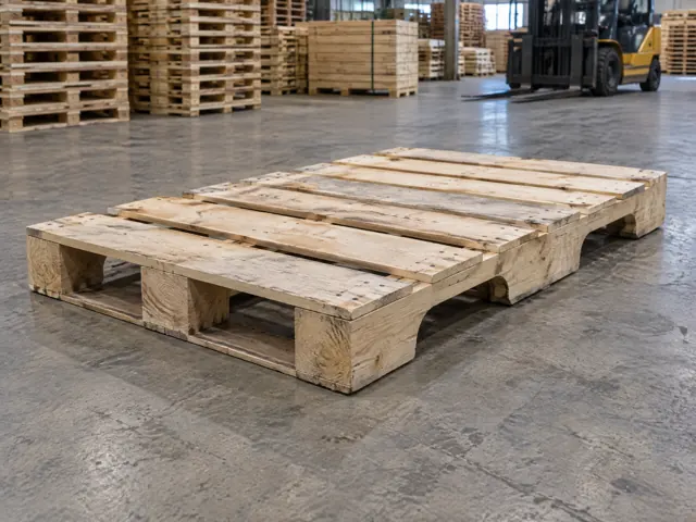 Opposite-corner pallet view with three end stringer positions and two side-entry notches on the visible long side
