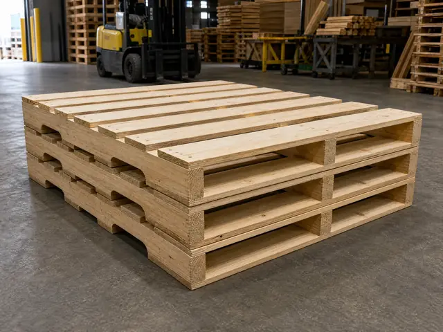 Stack of new wood pallets with side-entry cutouts beside a warehouse forklift