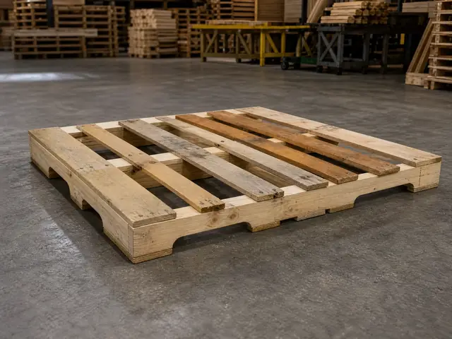 Grade A-style repaired wood pallet with mixed replacement deck boards on a warehouse floor