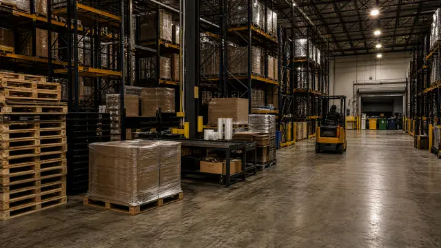 Houston industrial warehouse with pallets, racks, and dock operations